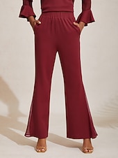  pantaloni da donna in tessuto elasticizzato, pannelli trasparenti in chiffon, gamba svasata, elastico in vita, eleganti, comodi, per tutti i giorni, da lavoro, autunno