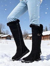 abordables Snow &amp; Winter Boots-Women's Green Fringe Faux Suede Snow Boots with Fur Lining – Stylish Knee-High Winter Boots Footwear for Cold Weather, Snow and Outdoor Adventures