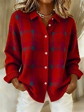 Недорогие свитшоты-Жен. Вязаная ткань Кардиган Элегантный стиль Мода Уличный стиль Сплошной цвет В клетку Рубашечный воротник Пэчворк Пуговицы Трикотаж Длинный рукав Обычные топы Вязать