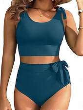 abordables Conjuntos de bikini-Bikini de mujer de 2 piezas bragas delgadas espalda descubierta ropa de playa de vacaciones trajes de baño en color sólido de cuello U sin mangas