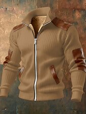 cheap Casual Jackets-Men's Winter Coat Fleece Jacket Casual Jacket Outdoor Casual Thermal Warm Patchwork Pocket Fall Winter Plaid Streetwear Daily High Neck Regular Camel Black White Navy Blue Brown Jacket