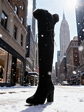 baratos Botas de neve e inverno-Botas femininas marrons de camurça acima do joelho com acabamento em pele sintética – botinhas estilosas de salto alto com zíper para o inverno, neve e ocasiões casuais ou ao ar livre.