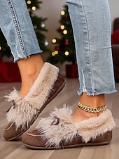 preiswerte Ballerinas für Damen-Damen Loafer Klassische Loafer Weiche Schuhe Komfortschuhe Weihnachten Täglich Schleife Flacher Absatz Runde Zehe Lässig Komfort Kunstpelz Kunstwildleder Loafer Rot orange Mandelfarben Schwarz