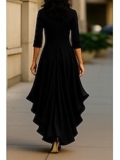 baratos Vestidos de Festa em A-Linha A Assimétrico Vestidos de noite Elegante Manga 3/4 Decote V Casamento Formal Bolsos Cetim com Laço(s) Fru-Fru