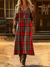 cheap Boho Dress-Women's Maxi Dress T Shirt Dress Tee Dress A Line Dress Vacation Casual Boho Going out Regular Fit Graphic Geometric Plaid Long Sleeve V Neck Blue Red Spring Fall Winter