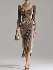 preiswerte Einfaches Kleid-Weihnachten Damen Midikleid Etui-Kleid Elegant Party Cocktail Outdoor Party Hochzeitsgast Patchwork Schlank Einfarbig Langarm Wasserfallausschnitt Fuchsie Braun Grün