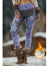 abordables Estampado Floral-Mujer leggings forrados de polar Polainas Vacaciones Vintage Estilo Étnico Longitud total Alta cintura Floral Graphic Impresión 3D Mantiene abrigado Resistente al Viento Confortable Elástico Diario