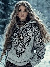 お買い得  バイキングのトップ-女性用 フェアアイルセーター ヴィンテージ 日常 カジュアル 幾何学模様 フード付き フード付き 長袖 レギュラートップス ニット 日常 祝日 ブラック ダックグレー 春 秋