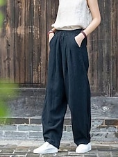 voordelige Damesbroeken en rokken-Dames Imitatie katoenlinnen Broek Zomerbroek Wijde broek Vakantie Vintage Etnische stijl Volledige lengte Hoge taille Inelastisch Strand Straat Causaal Bean Green Ruwe hennep kleur Zwart Marineblauw