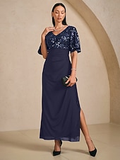  Damen Maxikleid Kleider mit Empire-Taille Elegant Flattrige Ärmel Abendgesellschaft Pailletten Spitze Netz Normale Passform Blumen Halbarm V Ausschnitt Marineblau