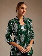  Naisten Pusero Mekkoiset topit Ilta Topit Paljetti Sulka Tyylikäs 3/4 hiha Pystykaulus Tavalliset topit Iltajuhlat Juhla-iltavaatteet Smaragdin vihreä Kevät Syksy Talvi