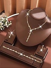 abordables Collier pour femme-Ensemble de bijoux pour femme en strass dorés : collier élégant en forme de Y et boucles d’oreilles pendantes &amp;Bracelet, accessoires en cristal étincelants pour bals de fin d'année et fêtes