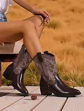 Χαμηλού Κόστους Καουμπόη και δυτικές μπότες-Γυναικείες καφέ μπότες western μέχρι τη μέση της γάμπας – καουμπόικες μπότες από τεχνητό δέρμα με κεντημένο σχέδιο για φθινοπωρινές, country style και εκδηλώσεις ροντέο