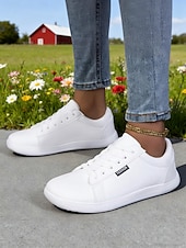abordables Zapatillas de mujer-Zapatillas clásicas blancas de piel sintética de corte ancho para mujer: zapatos planos informales con cordones para tenis, caminar, la escuela y uso diario.