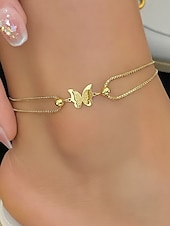 baratos Pulseira Feminina-Pulseira de tornozelo feminina em aço inoxidável com estampa de borboleta – disponível em dourado e prateado, design elegante em corrente com detalhes em formato de coração, perfeita para ocasiões casuais e noturnas.
