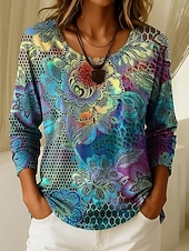 economico T-shirt floreale-Per donna Maglietta Stampato Floreale Grafico Piante Moda Casual Manica Lunga Girocollo Top Regolari Quotidiano Weekend Blu Rosa Viola Autunno Inverno