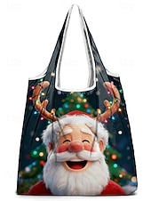 tanie Graficzne torby drukowane-Damska składana torba na zakupy świąteczna – wiele wzorów z motywem Świętego Mikołaja, materiał poliestrowy, trwała i kompaktowa, idealna na świąteczne zakupy i prezenty