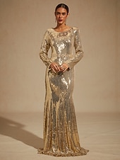 cheap Sequin Dresses-Women's Maxi Dress Floor Length Dress Trumpet Mermaid Dress Elegant Party Evening Party Cocktail Party Sequins Beaded Regular Fit Solid Color Long Sleeve Crew Neck Gold Spring Fall Winter