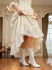 cheap Victorian &amp; Edwardian-Women's White Lace-Up Vintage Lace Boots with Heel – 1920s Elegant Victorian Style, Perfect for Formal Events, Weddings and Vintage Fashion Lovers