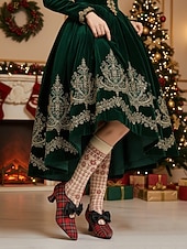  Rote karierte Damenpumps mit schwarzer Satinschleife – Vintage-Stil der 1920er Jahre, perfekt für Weihnachtsfeiern, Retro-Treffen und den Alltag.