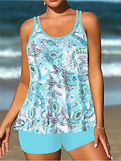 رخيصةأون مايوهات تانكيني-بدلة سباحة نسائية تانكيني قطعتين شورتات تحكم في البطن عالية الخصر نحيف بدون ظهر ملابس شاطئ إجازة مزينة بأنماط بيزلي برقبة على شكل حرف U بدون أكمام