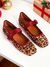 voordelige Platte damesschoenen-Mary Jane-flats met luipaardprint voor dames met fluwelen gespband – vintage stijl, perfect voor Kerstmis, feestdagen en dagelijks gebruik