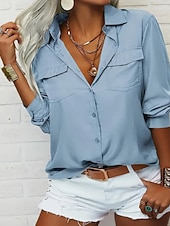 baratos Blusas Simples-Mulheres Blusa Tops elegantes Franzido Bolsos Botões Côr Sólida Tecido Elegante Vintage senhoras Manga Longa Colarinho de Camisa Tops regulares Diário Trabalho Feriado Verde Preto Rosa Verde Tropa