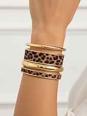 voordelige Damesarmband-Dames manchetarmbanden met luipaardprint in goudkleurige legering – set van 4, stijlvol dierenprintontwerp, perfect voor casual en avondkleding