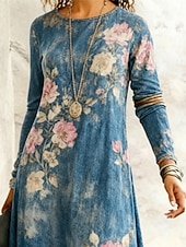 cheap Print Floral Dresses-Women's Long Dress Maxi Dress Casual Dress Swing Dress Boho Dress Vintage Daily Outdoor Weekend Regular Fit Floral Long Sleeve Crew Neck Blue Spring Fall Winter