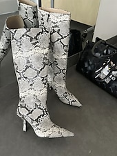 cheap Fashion Boots-Women&#039;s Snakeskin Print Knee-High Boots, Pointed Toe, Kitten Heel Boots for Casual and Night Out Styling