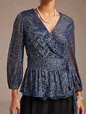  Mulheres Tops elegantes Pregueado Metálico Elegante Manga lanterna Decote V Tops regulares Convidado do casamento Traje de festa para noite Roupa de Trabalho Azul Marinha Primavera / Outono / Inverno