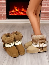 billige Snow &amp; Winter Boots-Brune, koselige støvletter med fuskepelsfôr og heklede detaljer til dame – uformelt vintersko med perledetaljer og mykt plysjfôr, perfekt til jul, høytidsgaver og uformelle vinterturer.