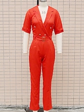 Χαμηλού Κόστους casual ολόσωμες φόρμες-Γυναικεία Φόρμες Ενεργό Συμπαγές Χρώμα Μισό μανίκι Λαιμόκοψη V Τσέπη Κουμπιά Διακοπές Δουλειά Κανονικό Θαλασσί Λευκό Ανθισμένο Ροζ Άνοιξη