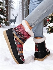 お買い得  雪と冬のブーツ-女性用エスニック柄の暖かいアンクルブーツ - カラフルなボヘミアンスタイルのフリース裏地付き冬用ブーツ、サイドジッパー付き、旅行や休暇に最適な快適なアウトドアシューズ