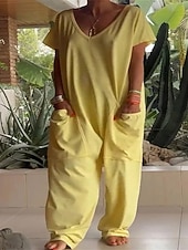 levne Overal pro plnoštíhlé-Dámské Běžný Kombinéza Elegantní Pevná barva Krátký rukáv Rovné Do V Slátanina Kapsy Dovolená Domů Běžný Vodní modrá Bílá Žlutá Léto