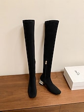 お買い得  ファッションブーツ-ラインストーンブロックヒール、ジッパー開閉、冬や夜のお出かけにぴったりのスタイリッシュでエレガントなレディースニーハイスエードブーツ。