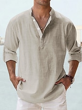 economico Camicie di lino-Per uomo Camicia Camicia di lino Camicia Estiva Camicia da Spiaggia Semplice Vacanza Camicia hawaiana Blu Nero Bianco Rosa Manica Lunga Collo alla coreana Primavera &amp; Estate Abbigliamento Base