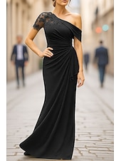 economico Abiti da sera a tubino-Tubino Colonna Lunghezza al pavimento Abito da Sera Da principessa Abito formale Elegante Manica Corta Monospalla Matrimonio Formale Vestito Rosa Crepe Elasticizzato con Applicazioni