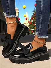 billige Slip-ons og loafers til kvinner-Kvinners burgunder patent lær slip-on loafere med bue – Chunky plattformsko uformelle utflukter daglig bruk og juletider