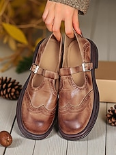 billiga Platta damskor-Bruna damskor i konstläder med brogue-detaljer, Mary Jane-skor, klassisk och bekväm stil, perfekta för arbete, vardagsutflykter och vardagsbruk.