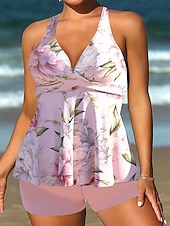 economico Tankini-Per donna Costumi da bagno Due pezzi Shorts Costume da bagno Senza schiena Vacanza Abbigliamento da Spiaggia Floreale Grafico Scollo a V Senza Maniche Costumi da bagno