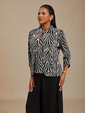  女性用 ドレッシーなトップス ツインセット スパンコール ラインストーン 動物 レオパード エレガント パーティー レディース 七分袖 スタンドカラー レギュラートップス パーティー パーティーイブニングウェア パーティー衣装 Sliver 春 秋 冬