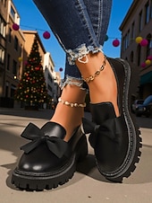 billige Slip-ons og loafers til kvinner-Kvinners burgunder patent lær slip-on loafere med bue – Chunky plattformsko uformelle utflukter daglig bruk og juletider