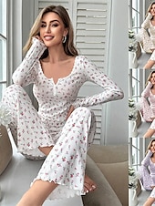  Women's Pajama Set Casual Comfort Floral Elastic Waist Pant Home Daily Long Sleeve U Neck White Yellow Pink Purple Spring Fall Regular Fit