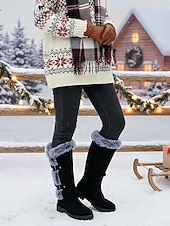 Недорогие Модные сапоги-Женские красные зимние сапоги из искусственной замши - высокие сапоги до колена с отделкой из искусственного меха и пряжкой на ремешке, стильная теплая рождественская обувь для улицы и повседневной