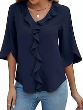 abordables Blusas Sencillas-Women's Blouse Ruffle Plain Elegant Stylish Long Sleeve V Neck Regular Tops Holiday Going out Black Pink Navy Blue Sky Blue Summer Spring Fall