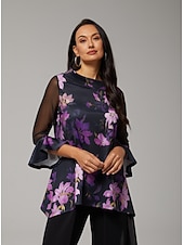 economico camicie, top e camicette-camicetta da donna con stampa floreale viola, maniche in chiffon elasticizzato, scollo a barca, casual, comoda, primavera estate autunno vacanza