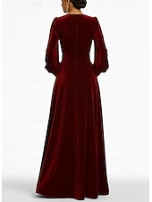 economico Abiti da Sera a Linea A-Abito da sera A-Line rosso nero blu in velluto elegante formale per matrimonio autunnale lungo fino al pavimento con maniche lunghe scollo a V tasca con spacco tasca