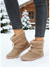 halpa Lumi- ja talvisaappaat-Naisten khakinväriset, leveälestiset, fleecevuorilla varustetut talvisaappaat – lämpimät nilkkurit kiristysnyörillä lumeen, kävelyyn, ulkoiluun ja jokapäiväiseen käyttöön.