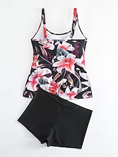 tanie Tankini-Damskie Stroje kąpielowe 2 szt Krótkie spodnie Kostium kąpielowy Odkryte plecy Urlop Stroje plażowe Kwiaty Dekolt w kształcie litery U Bez rękawów Kostiumy kąpielowe